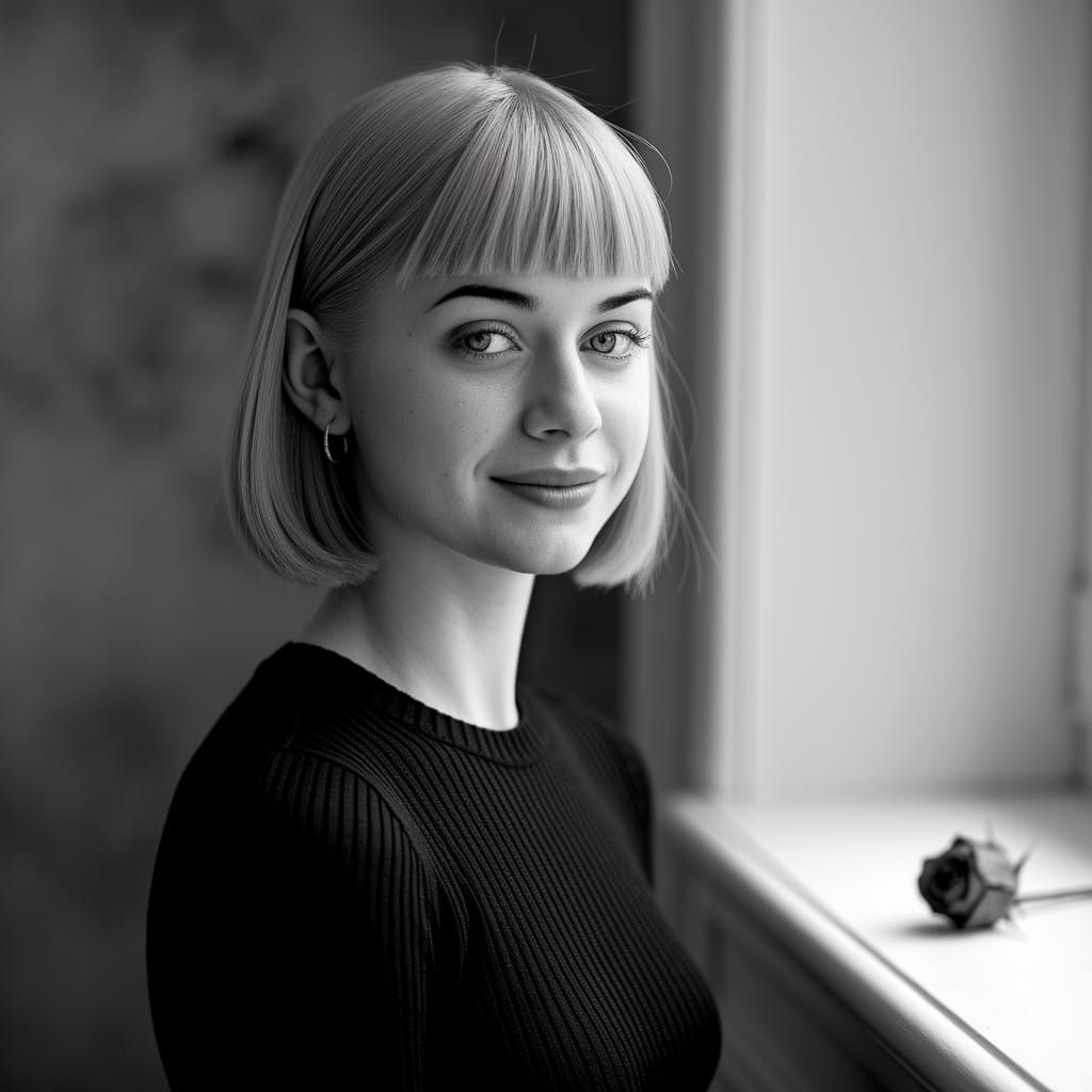 Monochrome Portrait of Woman with Micro Bangs