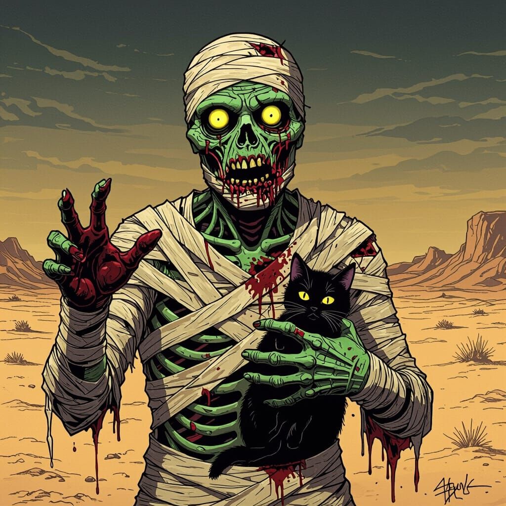Terrifying Green Mummy Zombie in Noir Horror Style