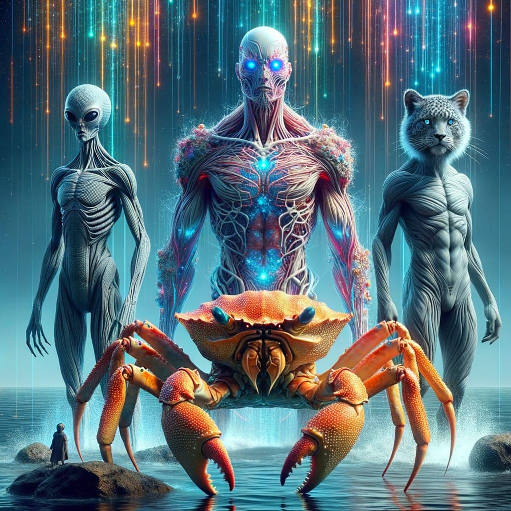 Crab-Humanoid Hybrid with Aliens and Leopard in Water