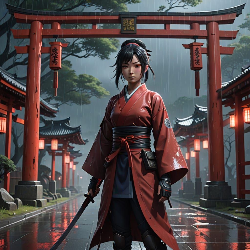 Kunoichi in Rain Under Torii Gate, Moonlight Blade