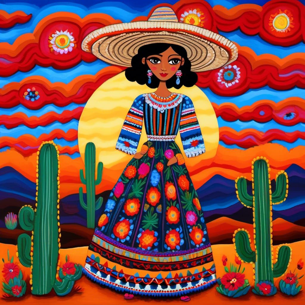 Mexican Woman in Desert Landscape Folk Art