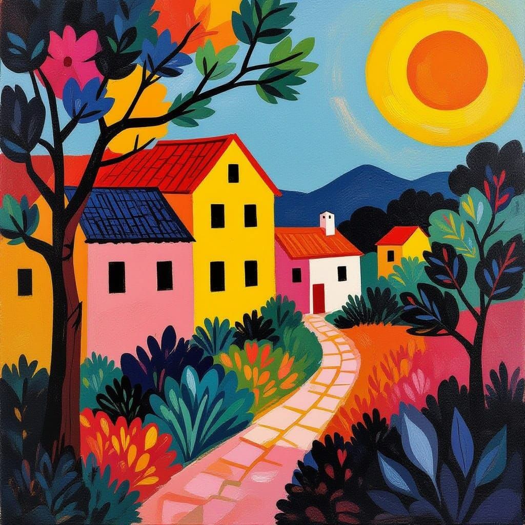 Vibrant Gouache Village Scene in Bold Colors and Flat Forms
