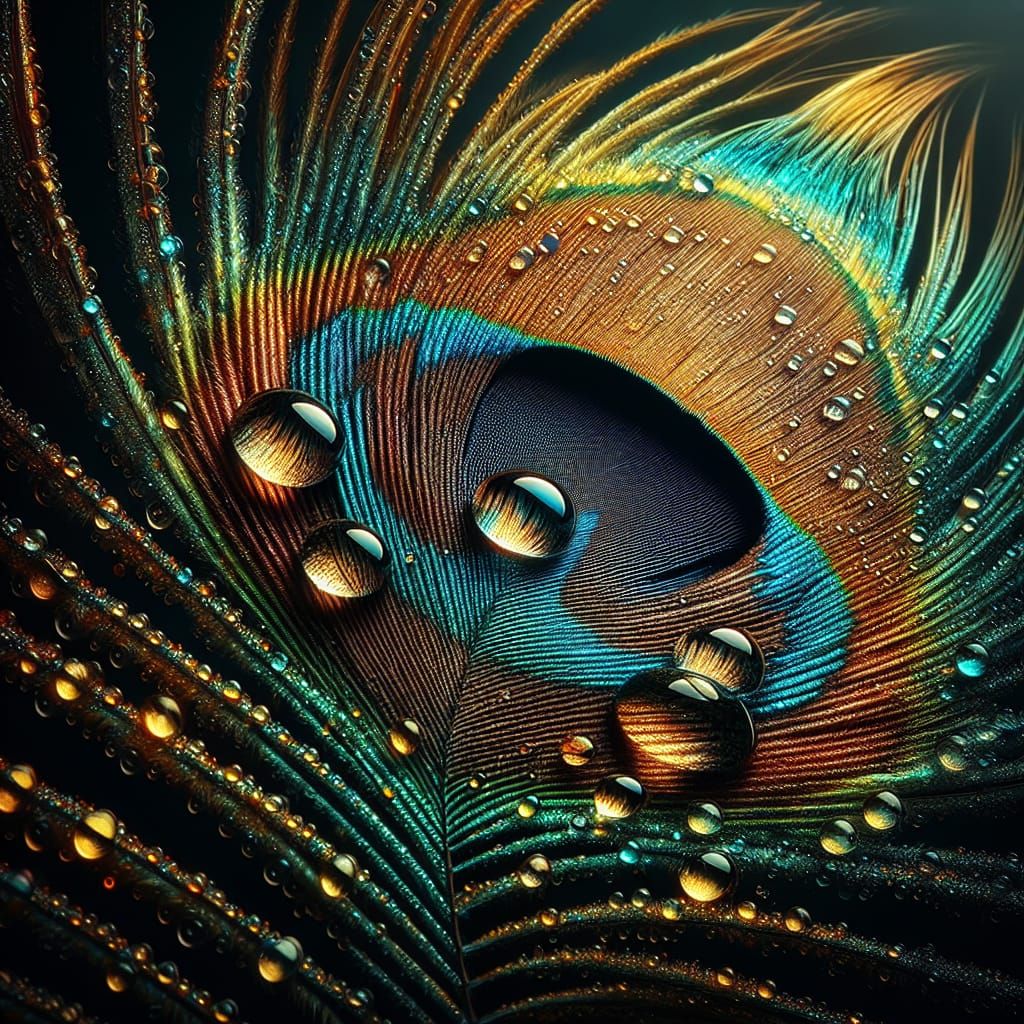 Macro Water drops on peacock's feather,