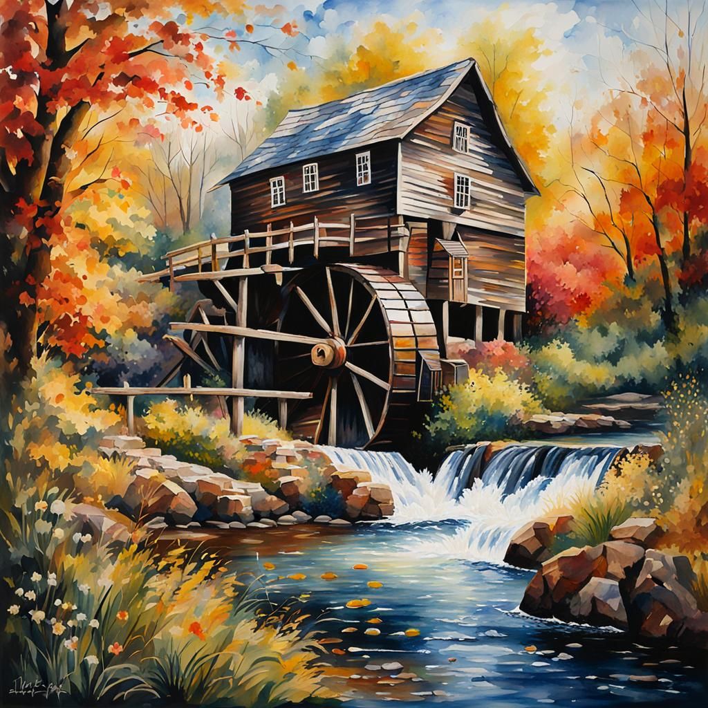 Detailed Watercolor Watermill in Impressionist Style
