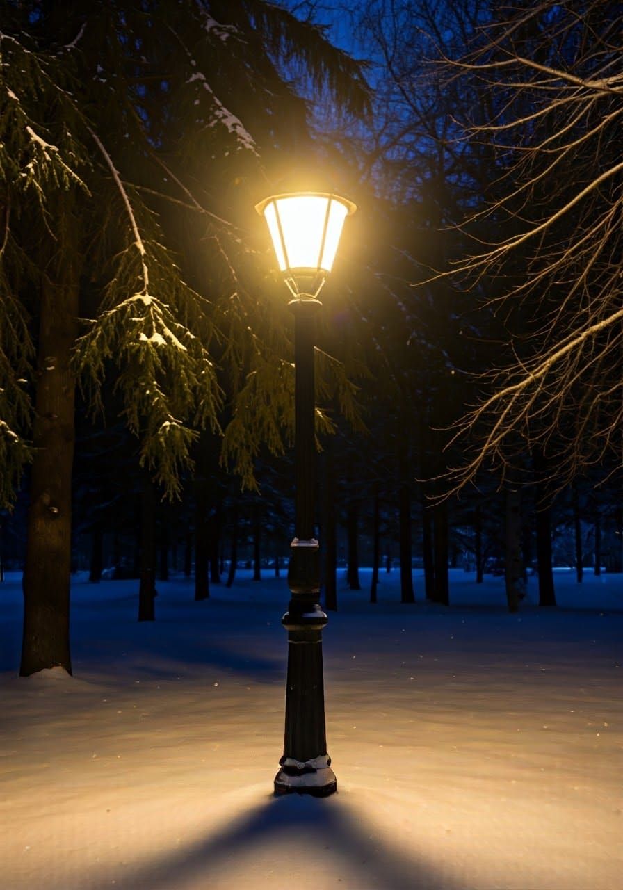 Majestic Victorian Lamppost Illuminates Snowy Woodland Scene