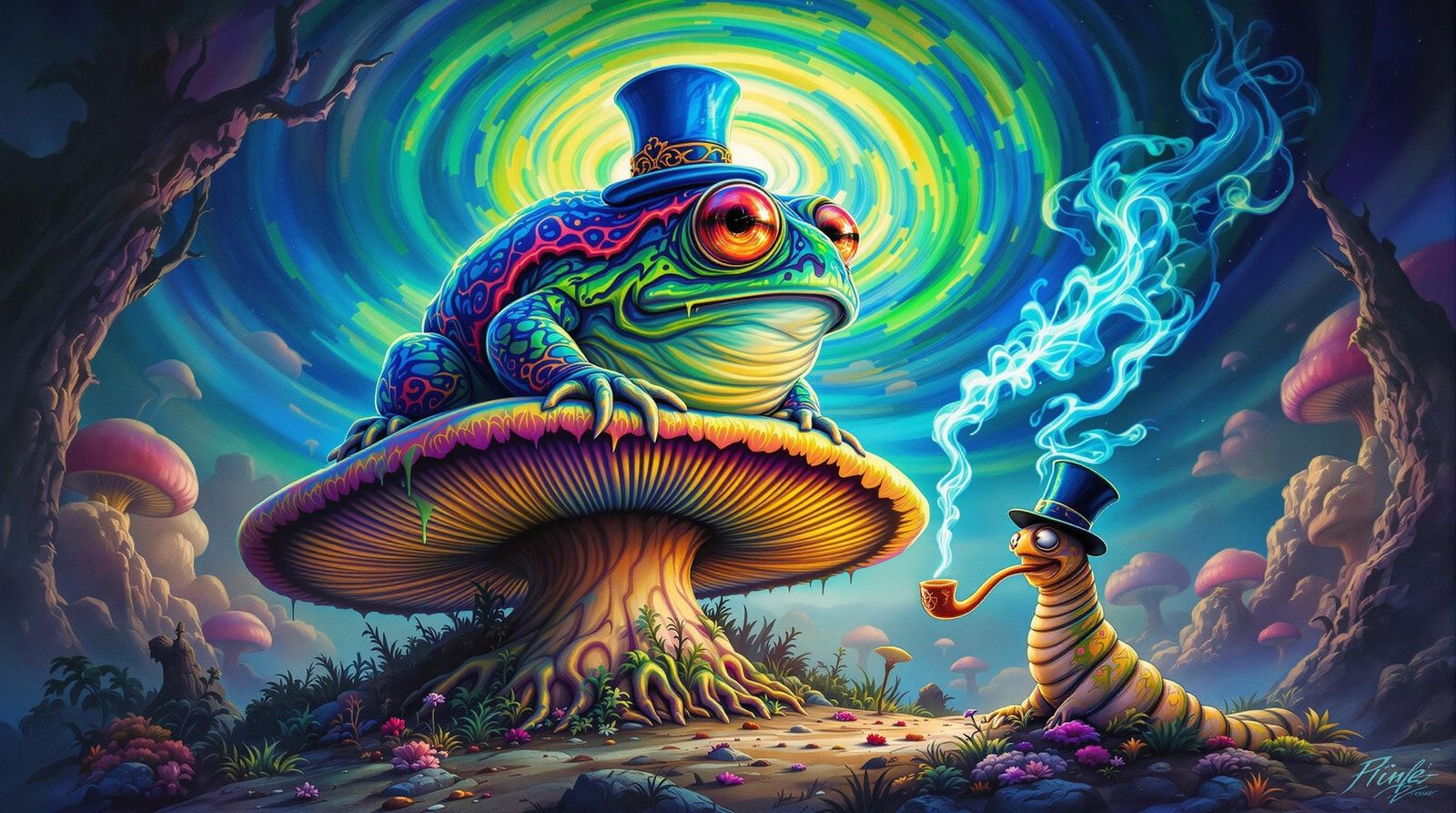 Surreal Toad on Psychedelic Toadstool in Dreamscape