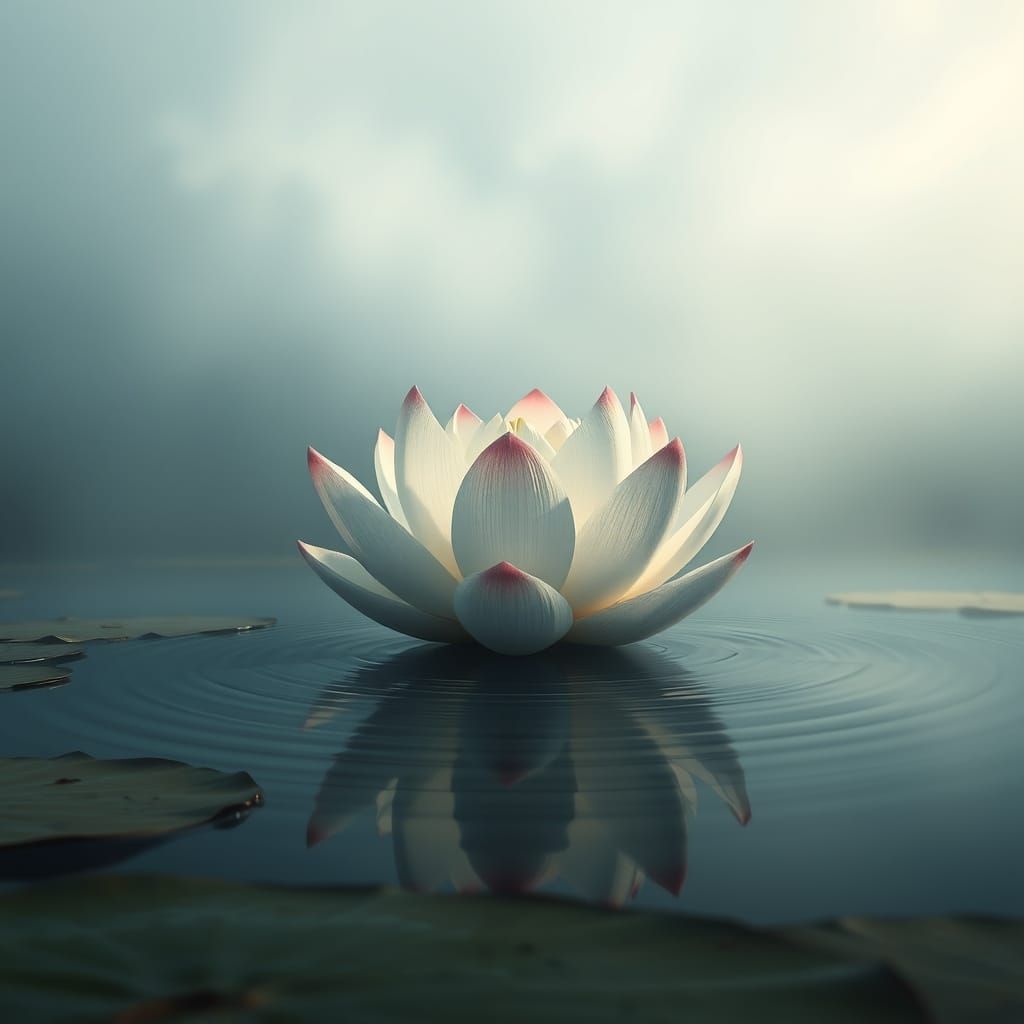 Surreally Beautiful Lotus Flower Blooms on Misty Lake in a F...