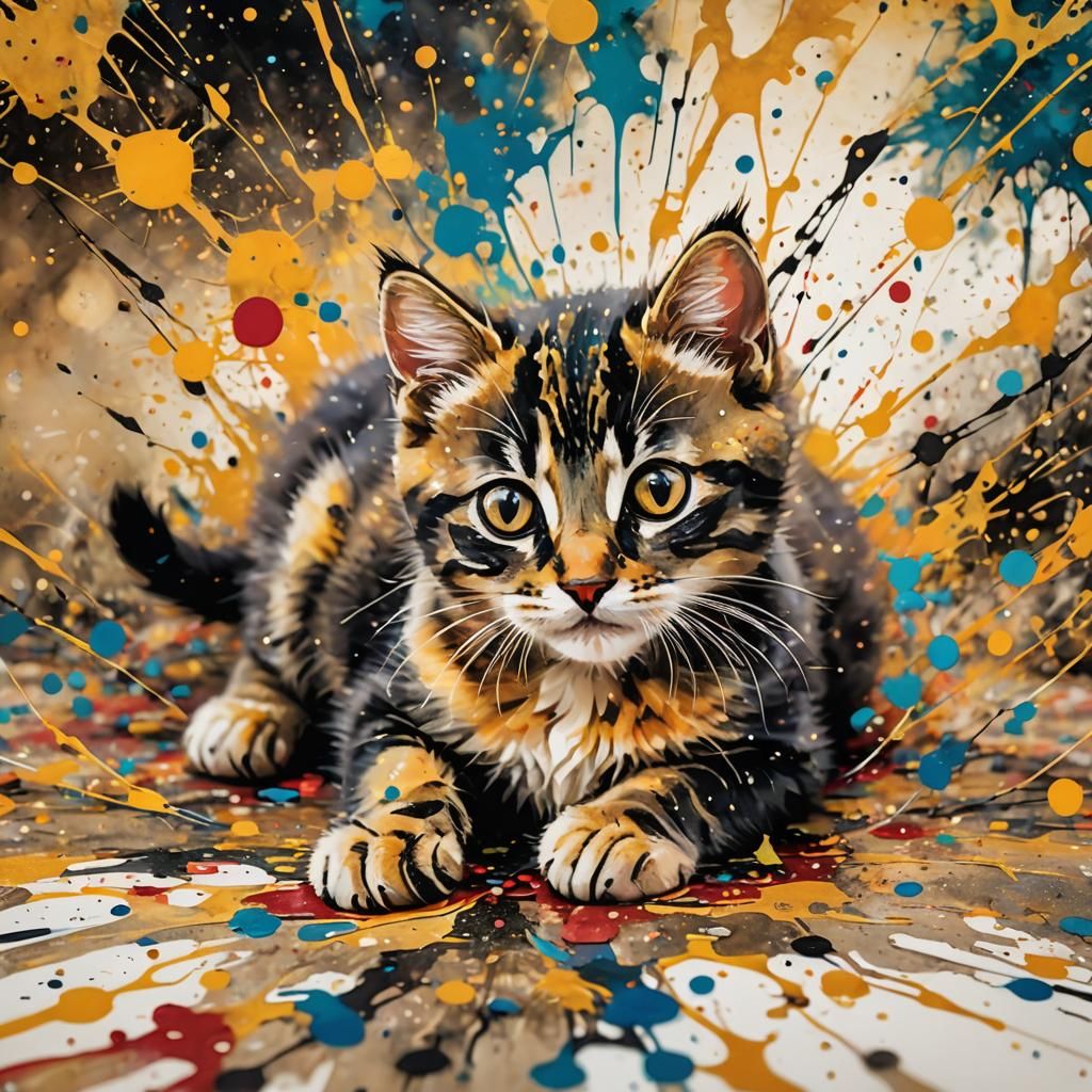 Adorable Kitten in Vibrant Ink Splatter Art