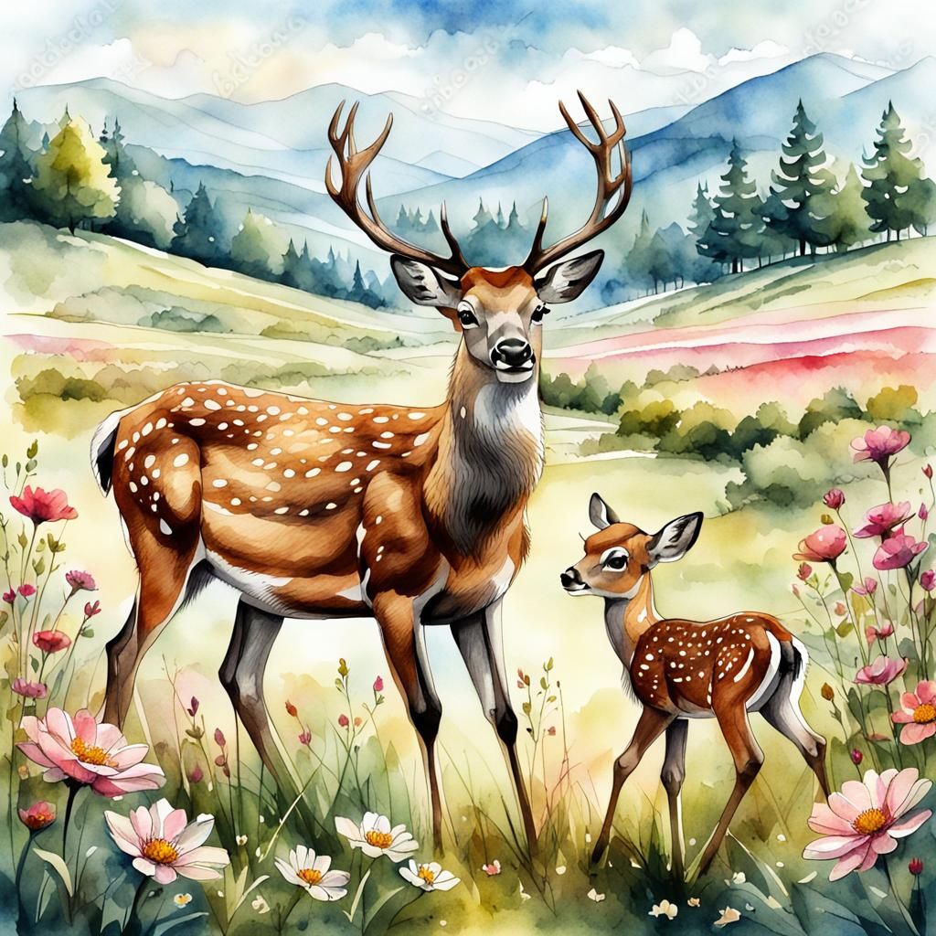 Graceful Deer and Fawn in Summer Landscape