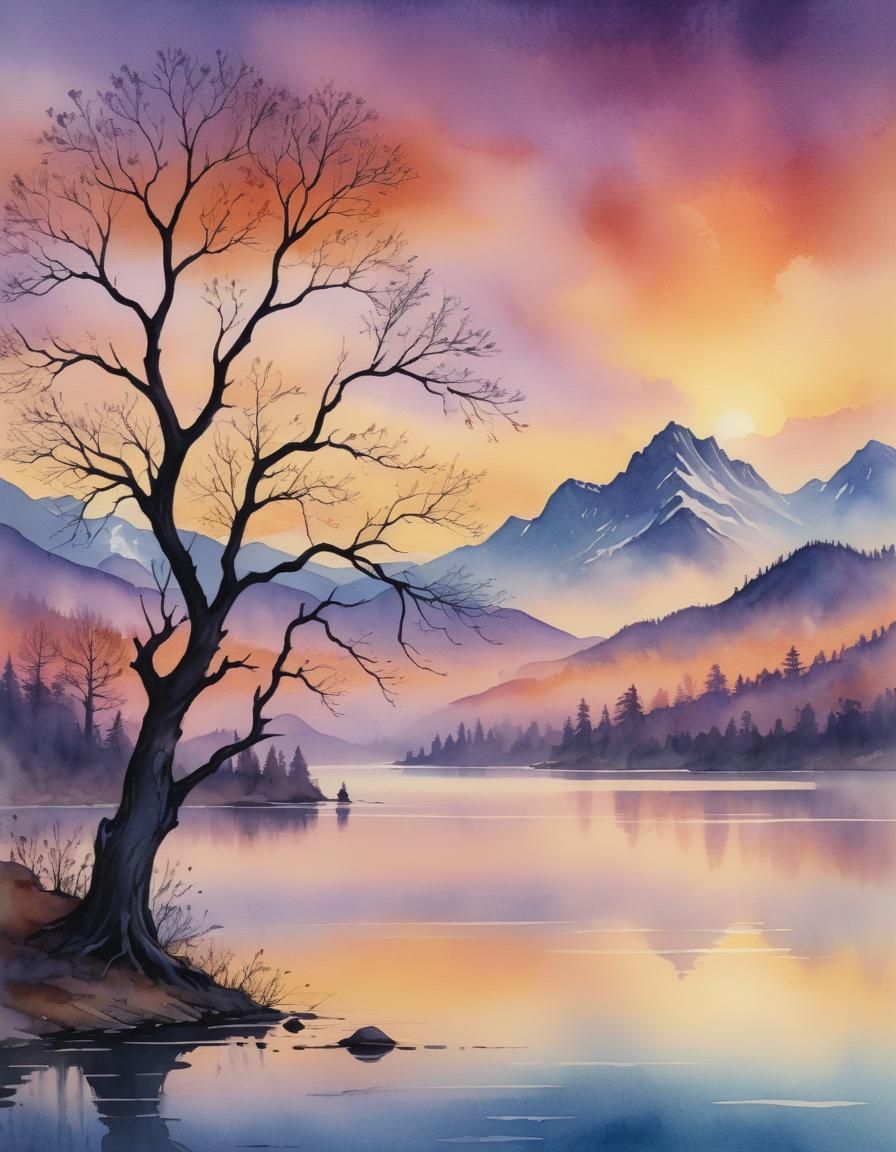 Drawing of a lonely tree at the lake , sunset, mountains, european ink detailed matte painting, deep color, fantastical