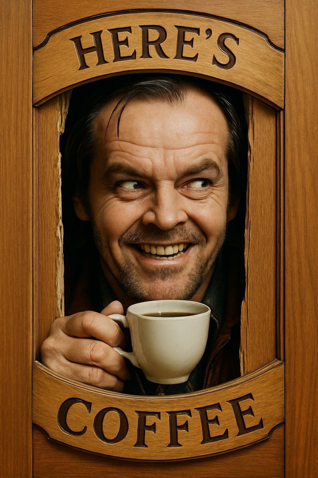 Eerie Man with Coffee Peers Through Wooden Door