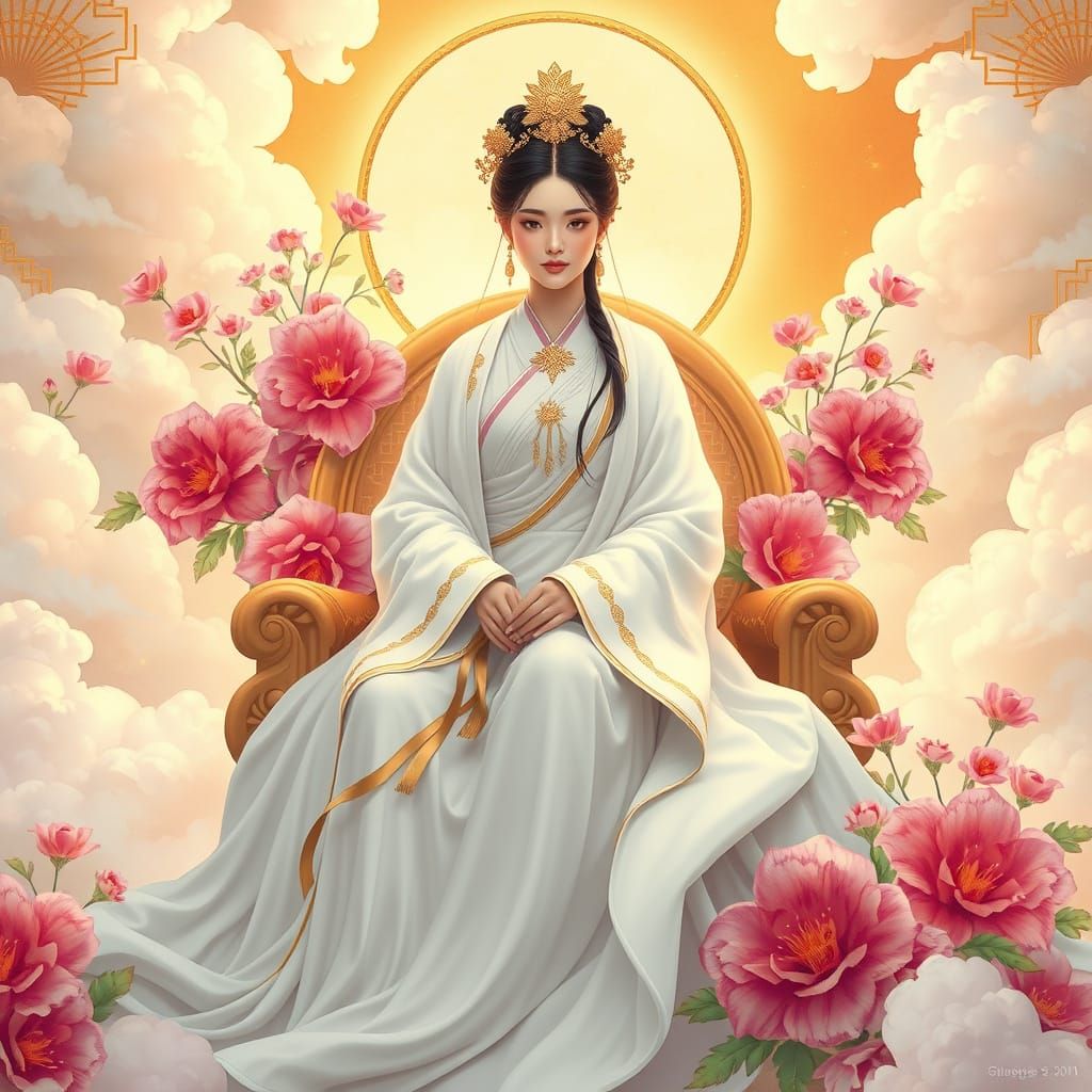 Serene Goddess on Throne Surrounded by Flowers and Clouds