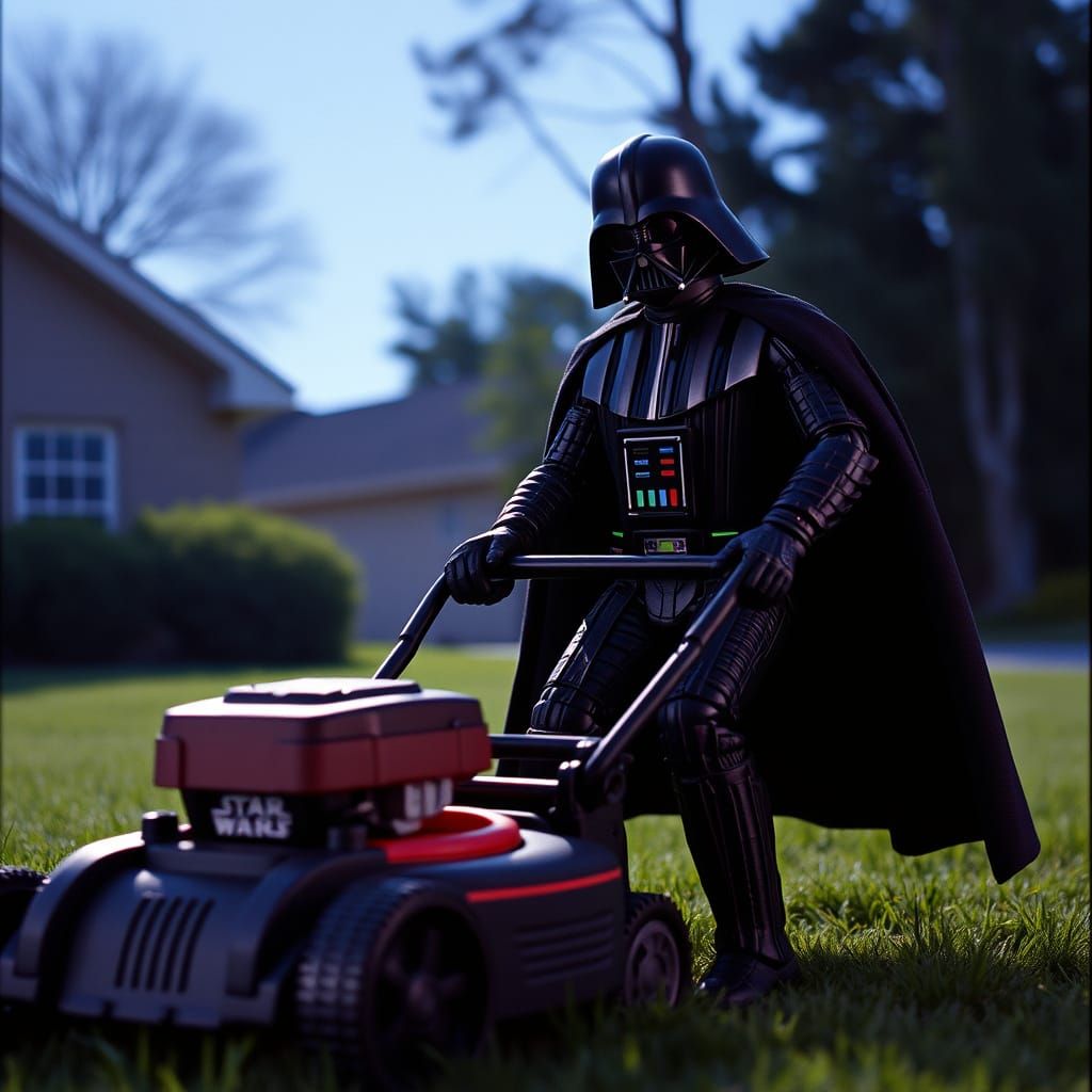 Darth Vader Evades Lawnmower in Cinematic Film Still