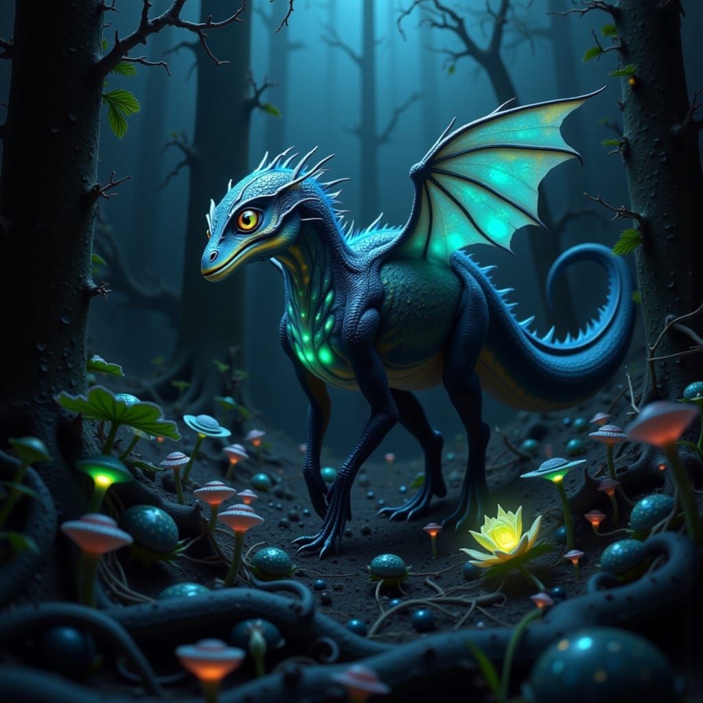 Fantastical Creature in Bioluminescent Forest Digital Painti...