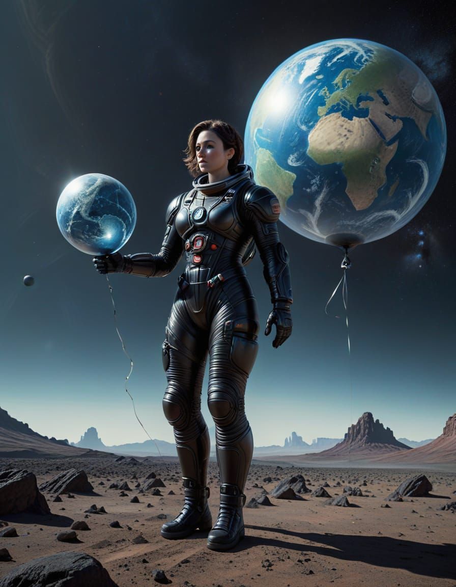Astronaut on Alien Planet with Earth Balloon