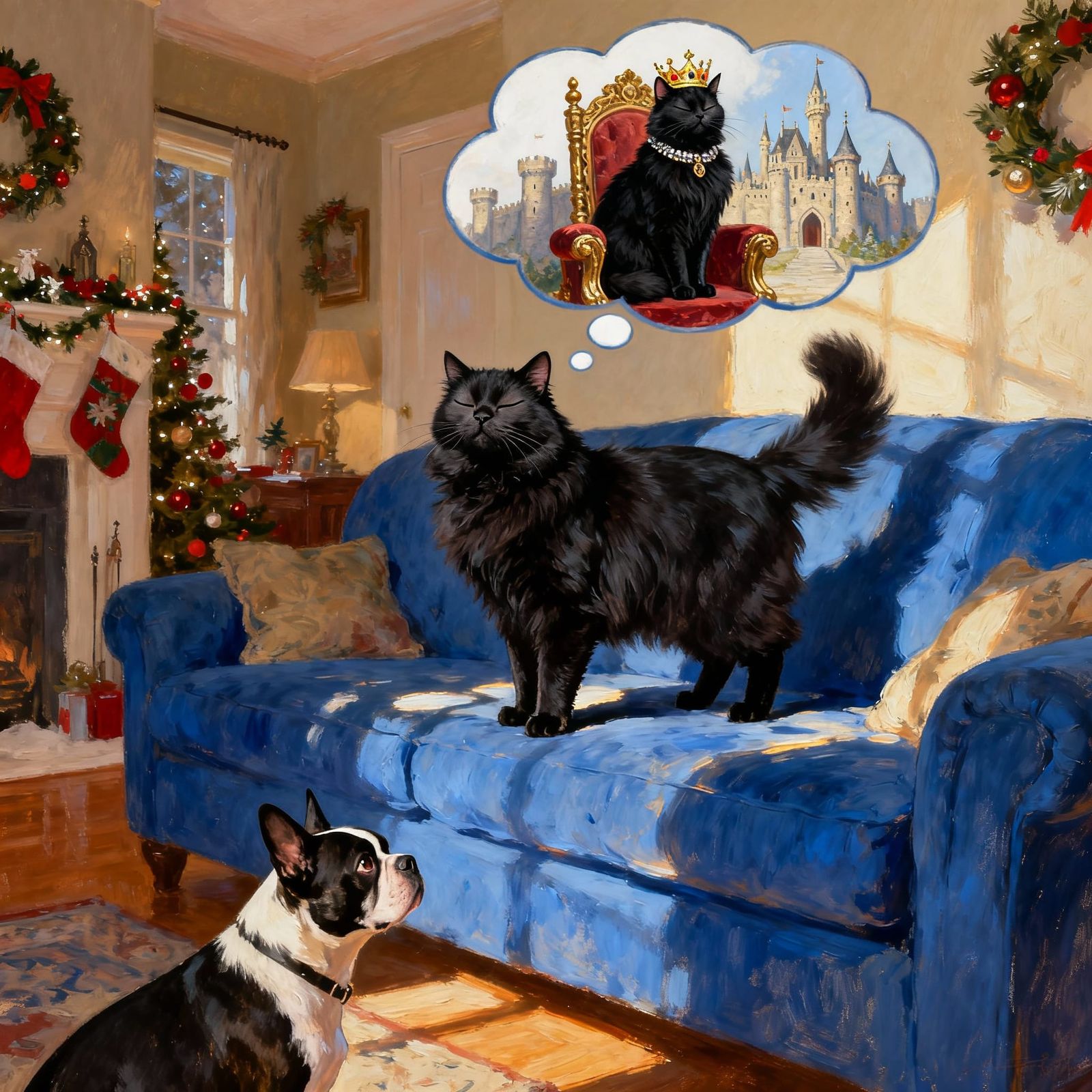 Black Cat Queen Basking in Sunlight on Throne