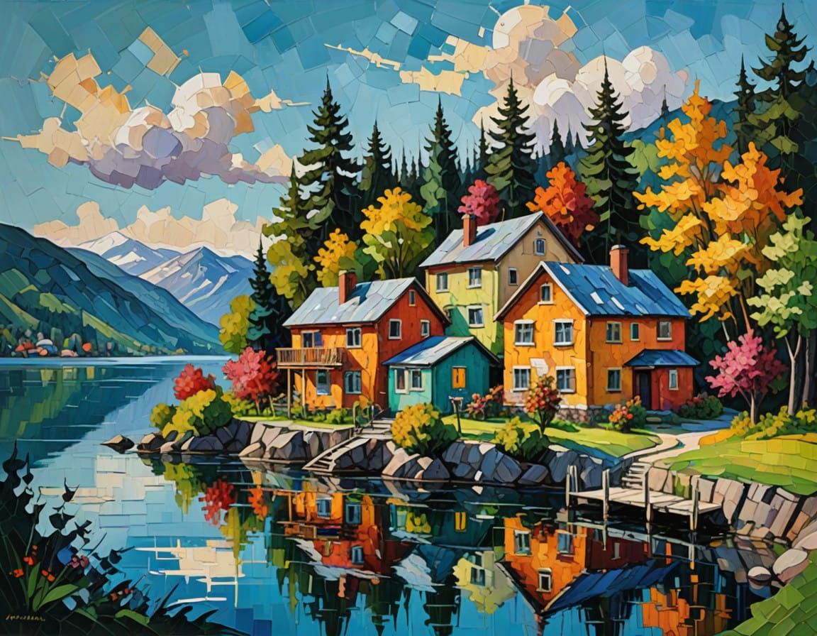 Vibrant Village Landscape with Textured Brushstrokes