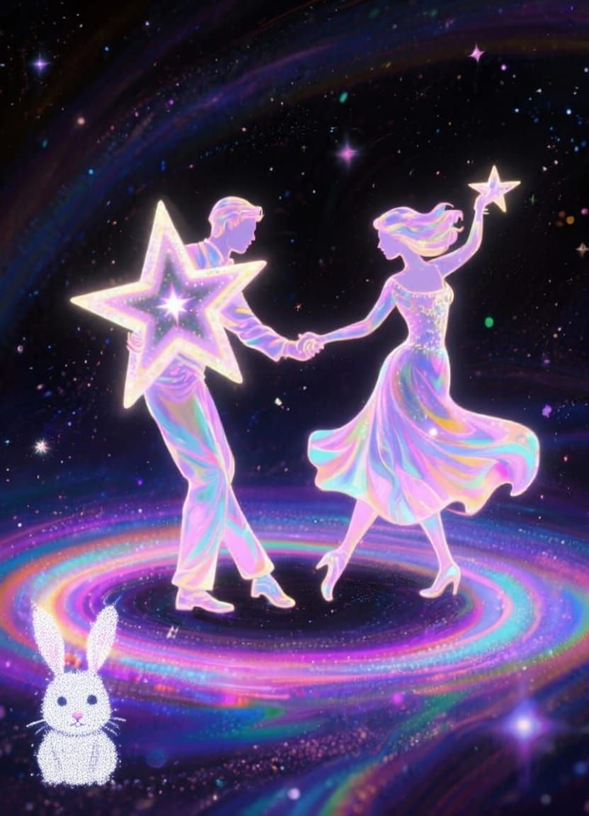 Cosmic Tango: Astral Couple Dancing in Vibrant Holographic S...