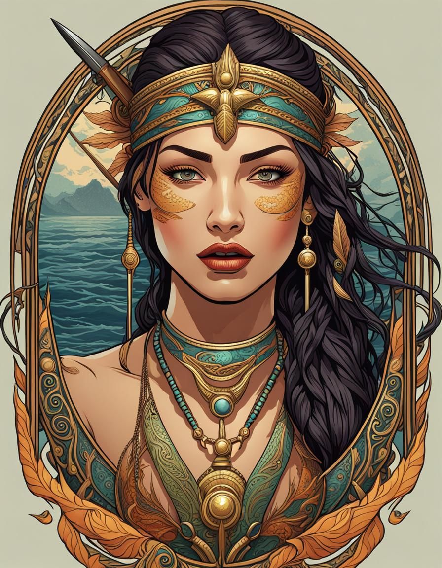 Scarred Girl with Harpoon, Art Nouveau Style