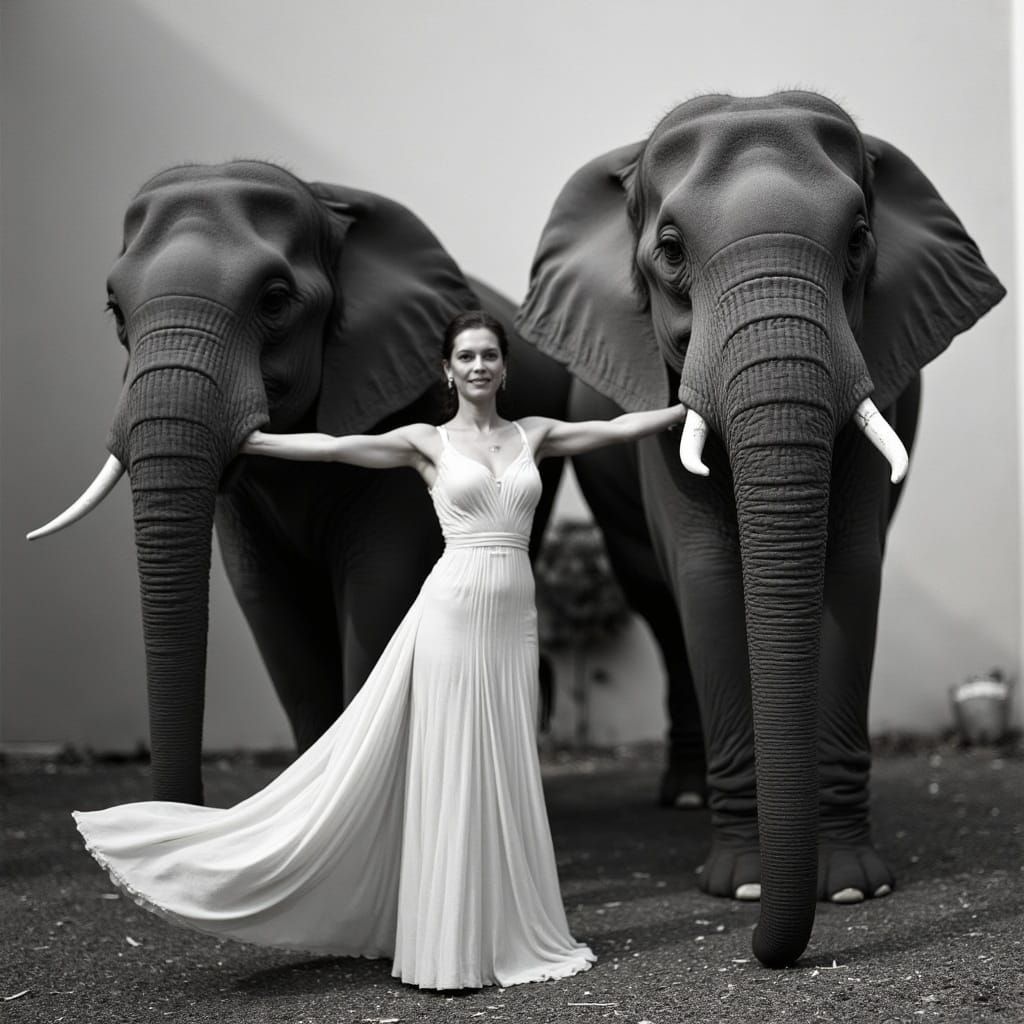 Elegant Woman Amidst Majestic Elephants in a Timeless Black-...