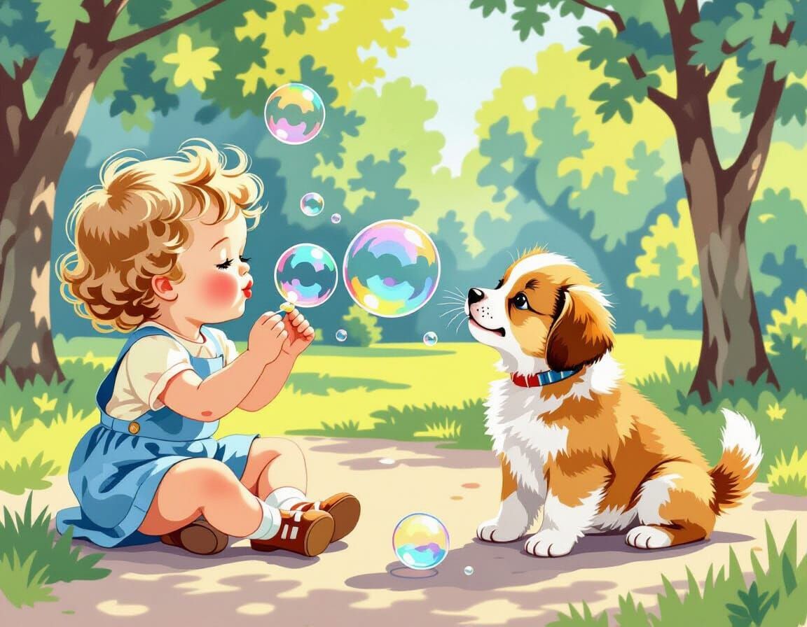 Child and Puppy Enjoying Soap Bubbles