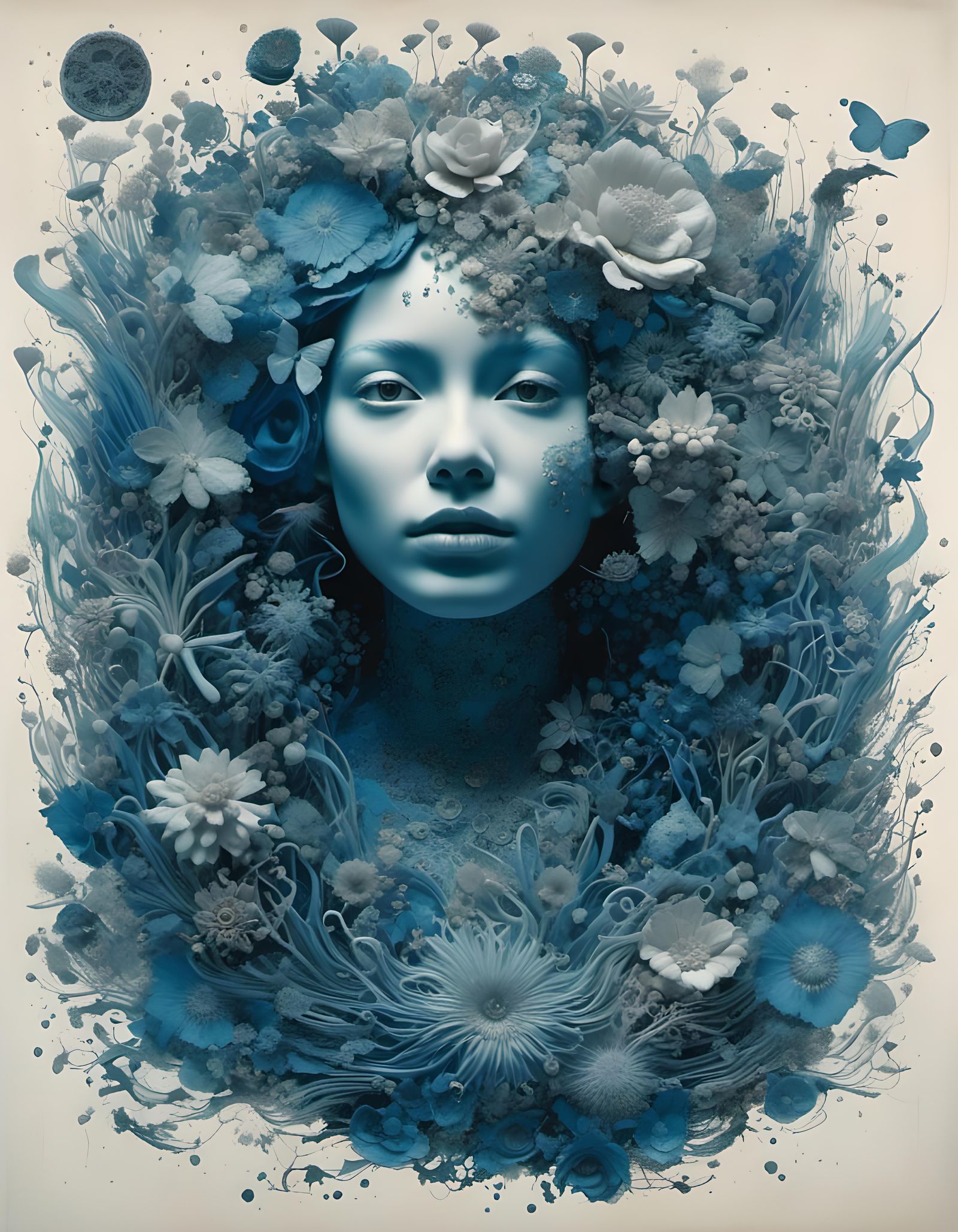 Detailed Cyanotype Print Mixed-Media Portrait Art