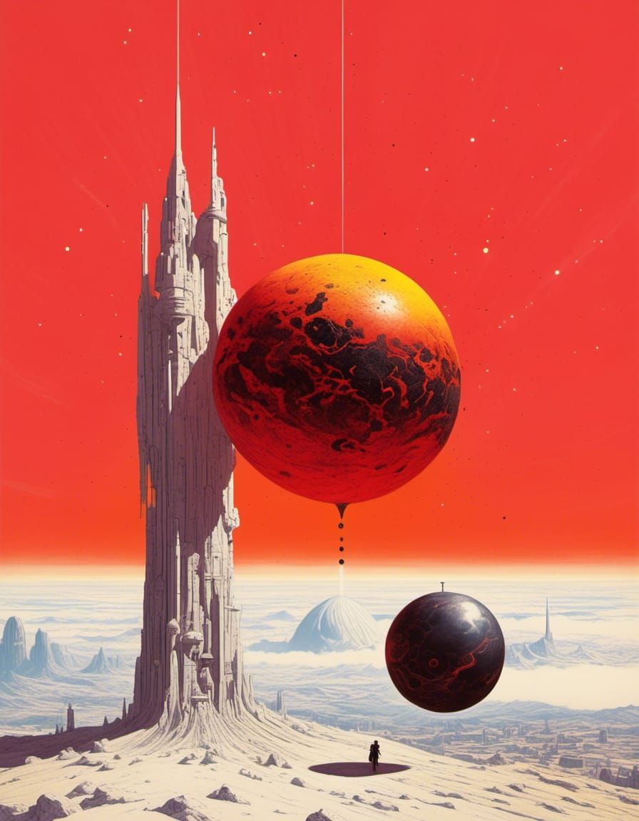 Yellow Spacecraft Tows Sphere in Red Desert Sky