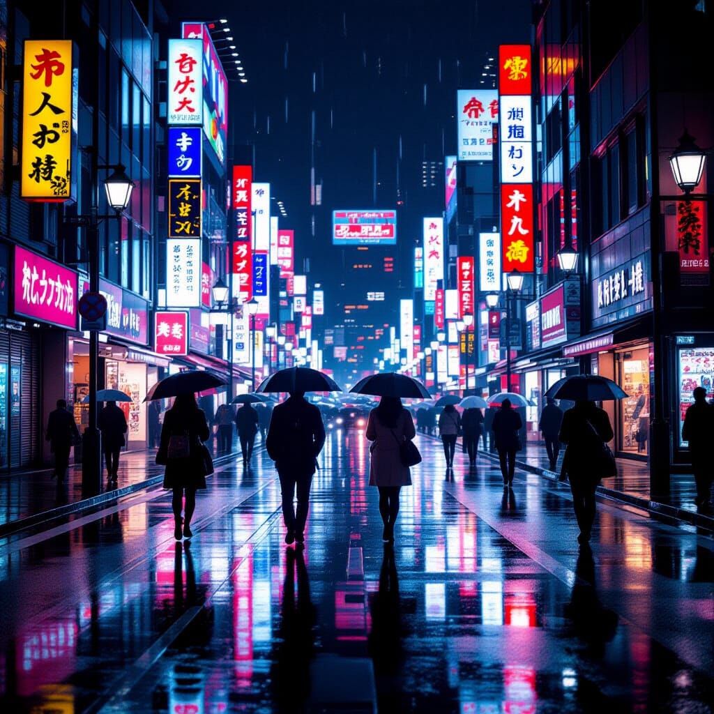 Osaka Street at Midnight: Neon Reflections in Cinematic Styl...