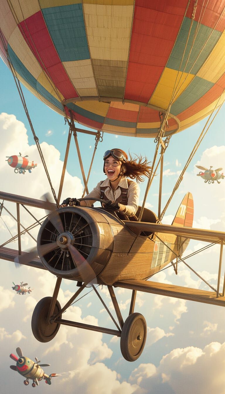 Whimsical Aviatrix Steers Balloon-Winged Airplane