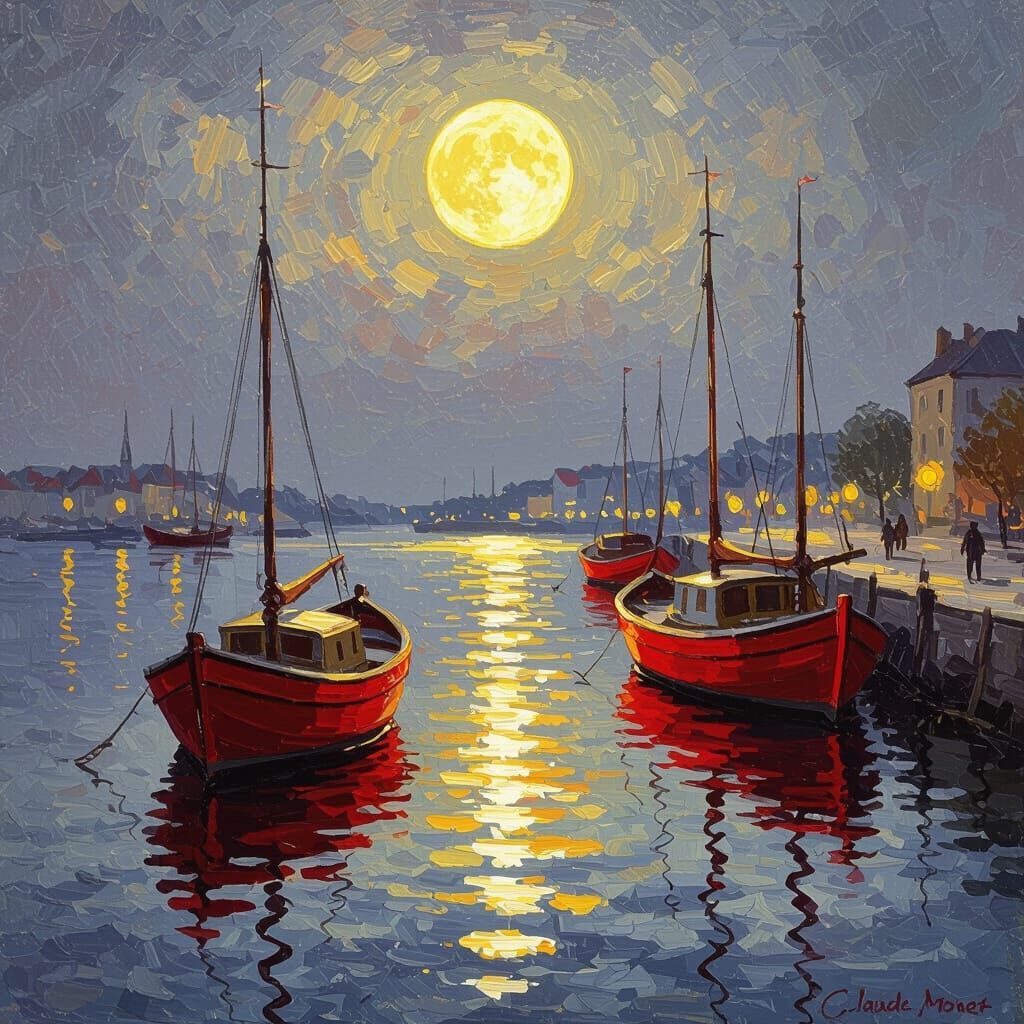 Night Harbor Scene With Red Boats and Full Moon
