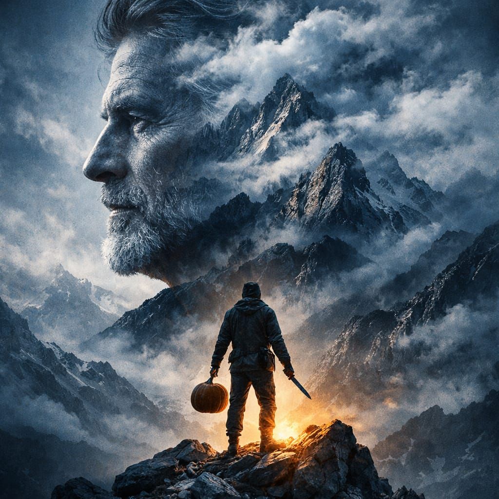 Surreal Man Mountain Double Exposure with Traveler