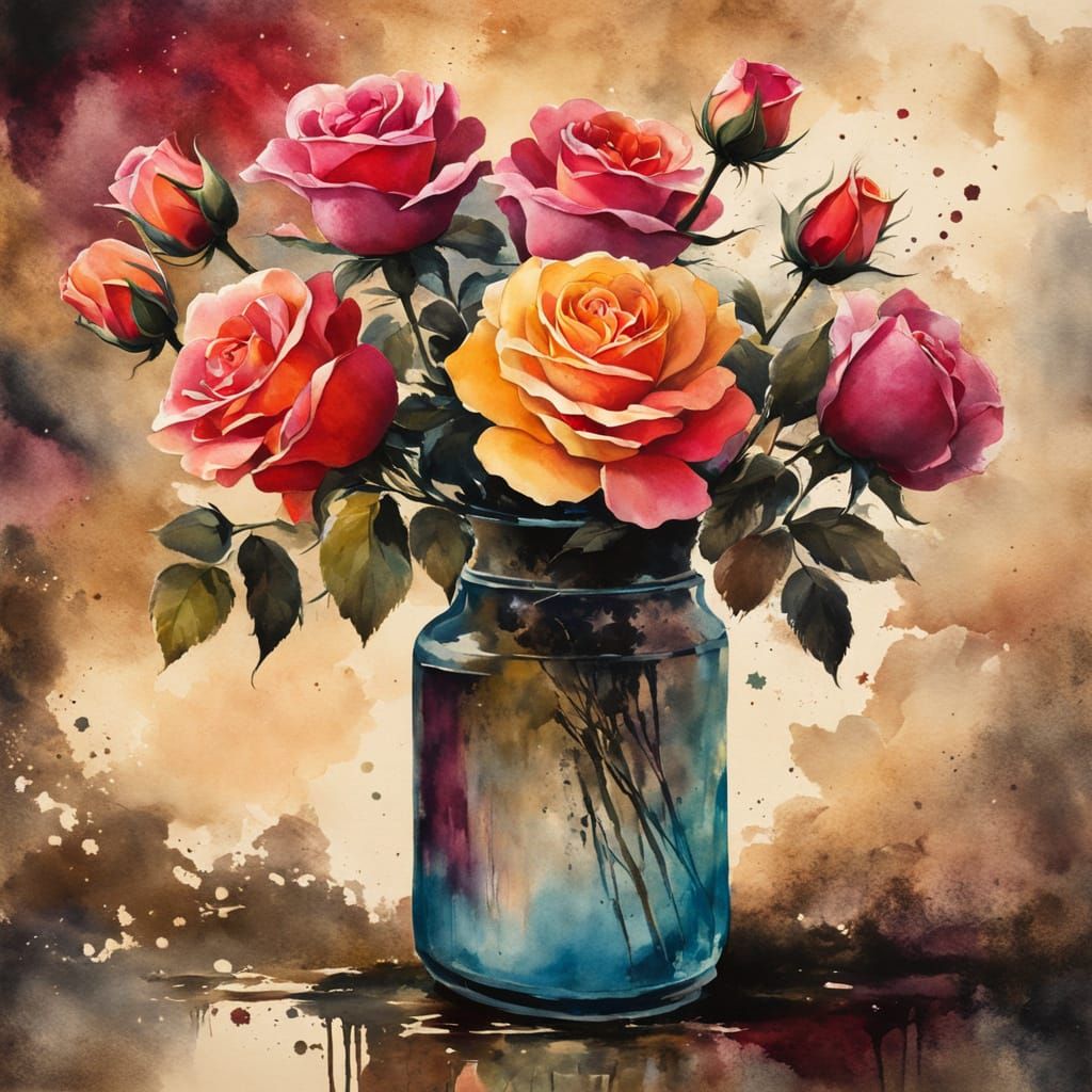 Colorful Roses in Vase: Ink Painting Style