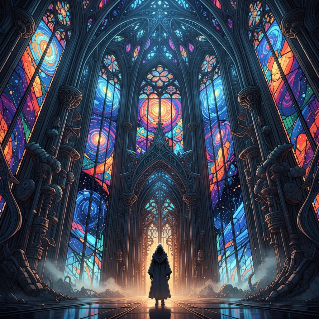 Gothic Biomechanical Cathedral Entry with Cosmic Light