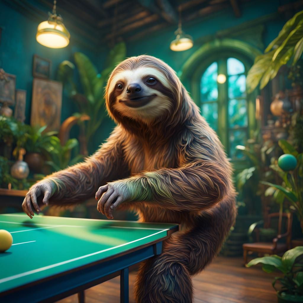 Sloth Plays Ping Pong in Detailed Digital Painting