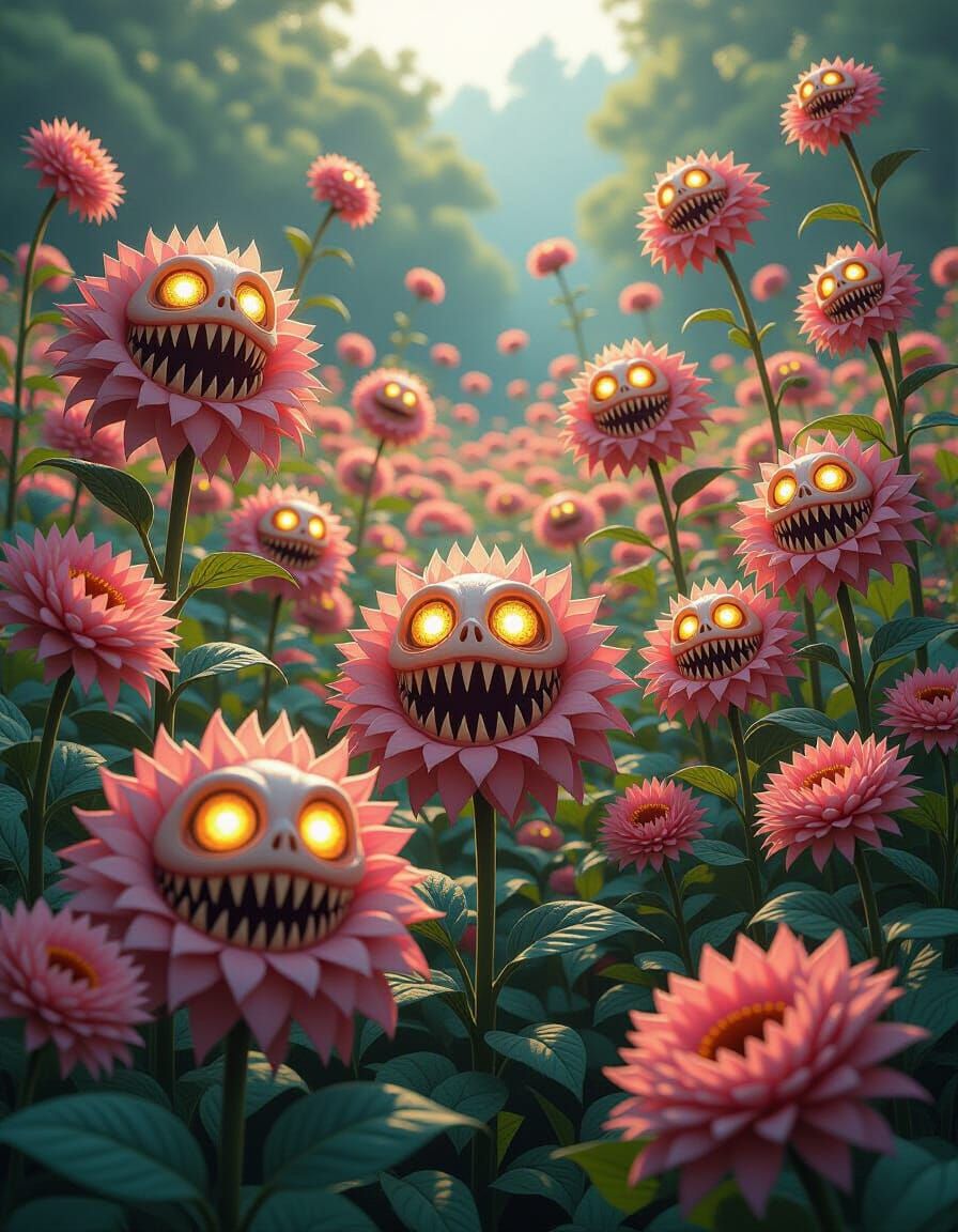 Surreal Garden with Blooming, Sharp-Toothed Flowers