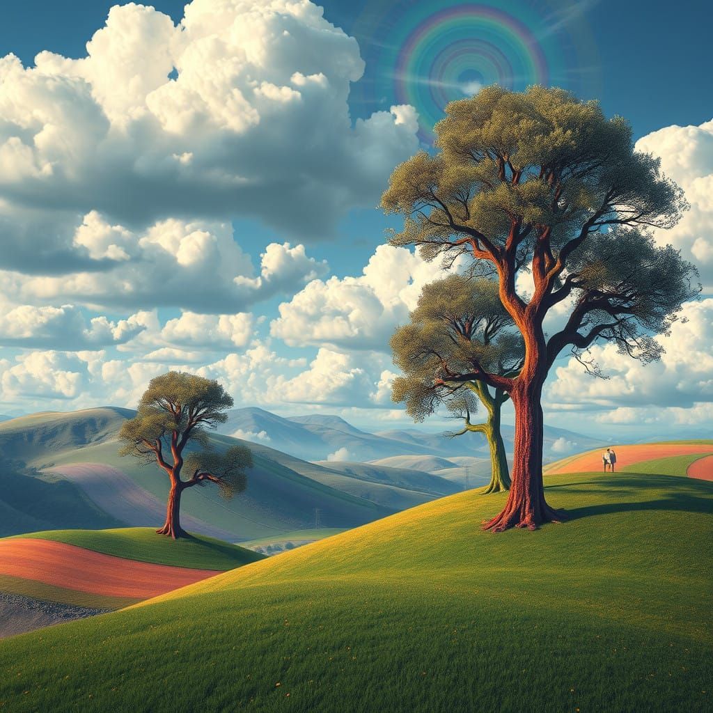 Whimsical Surreal Landscape with Rainbow Trees and Dreamy Cl...