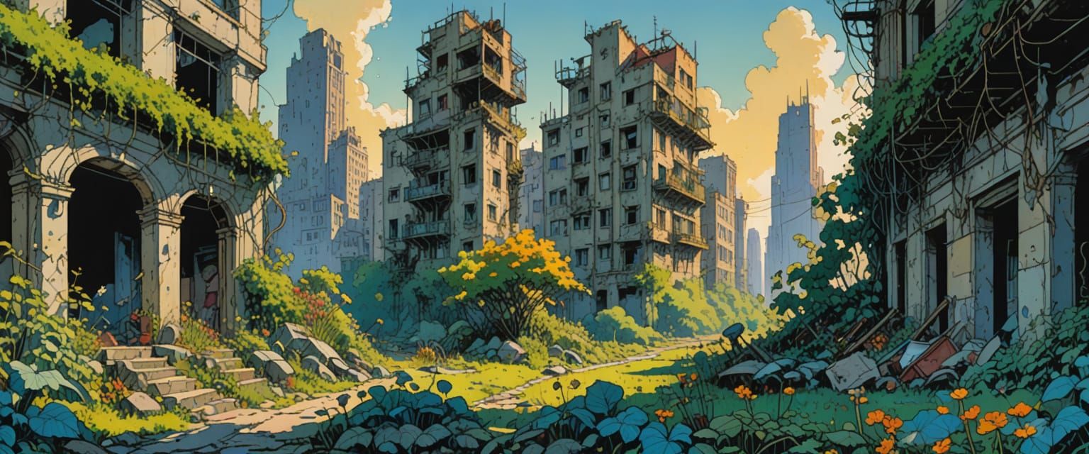Nature Reclaims a Ruined City in Watercolor Style
