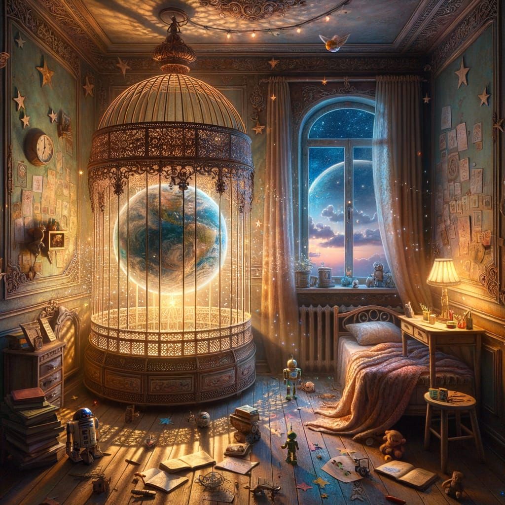 Magical Child's Room with Planet Earth in Birdcage