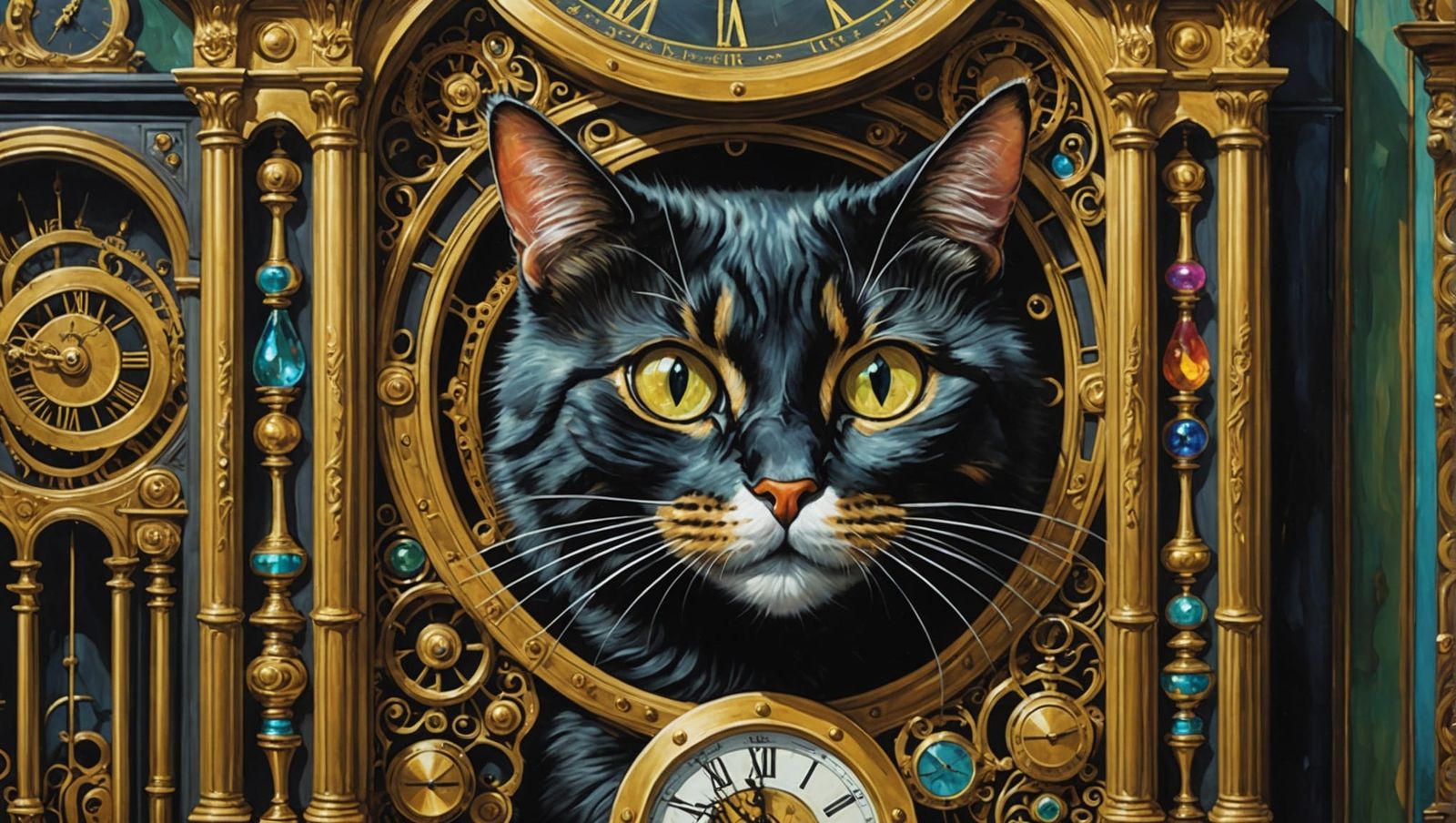 Clockwork Cat Consumed in Surreal Watercolor