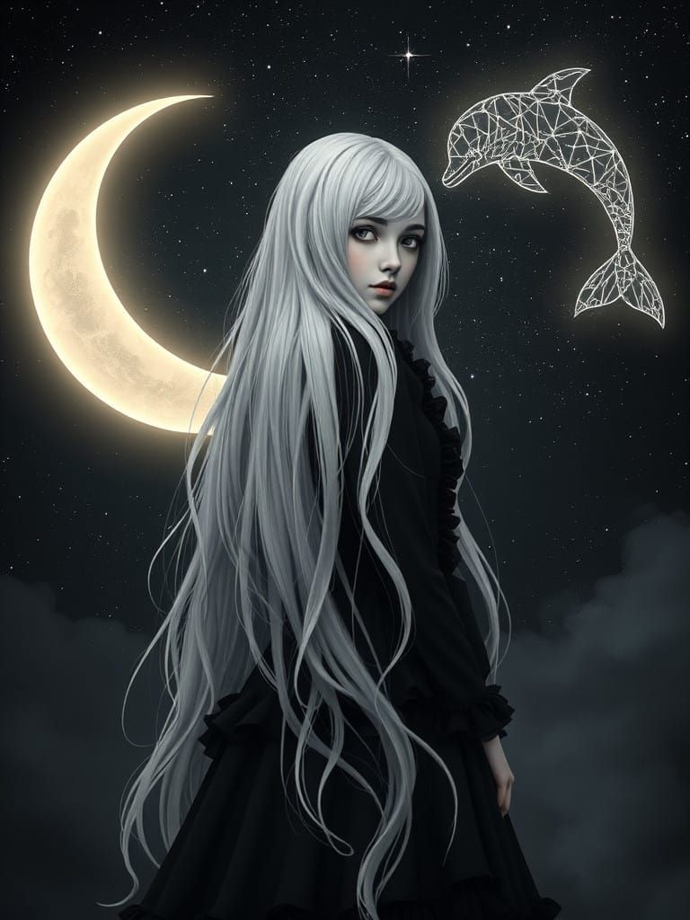 Mystical Crescent Moon Goddess with Flying Dolphins