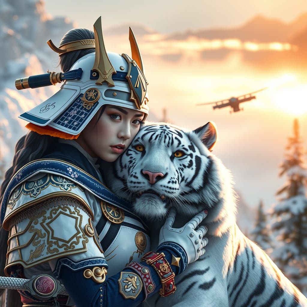 Majestic Samurai Warrior with Snow Tiger in a Vibrant, Hyper...
