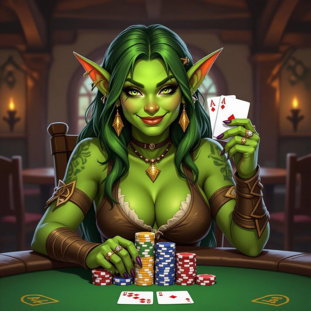 Mischievous Goblin Wins Poker Hand in Tavern