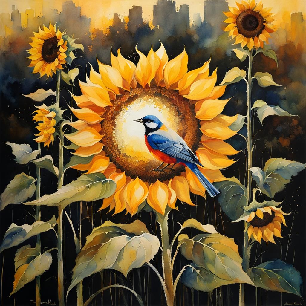 Sunflower and Bird at Sunset: Watercolor Art