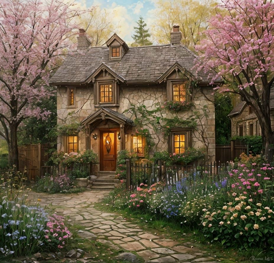 Colorful Cottagecore Oil Painting with Lush Garden