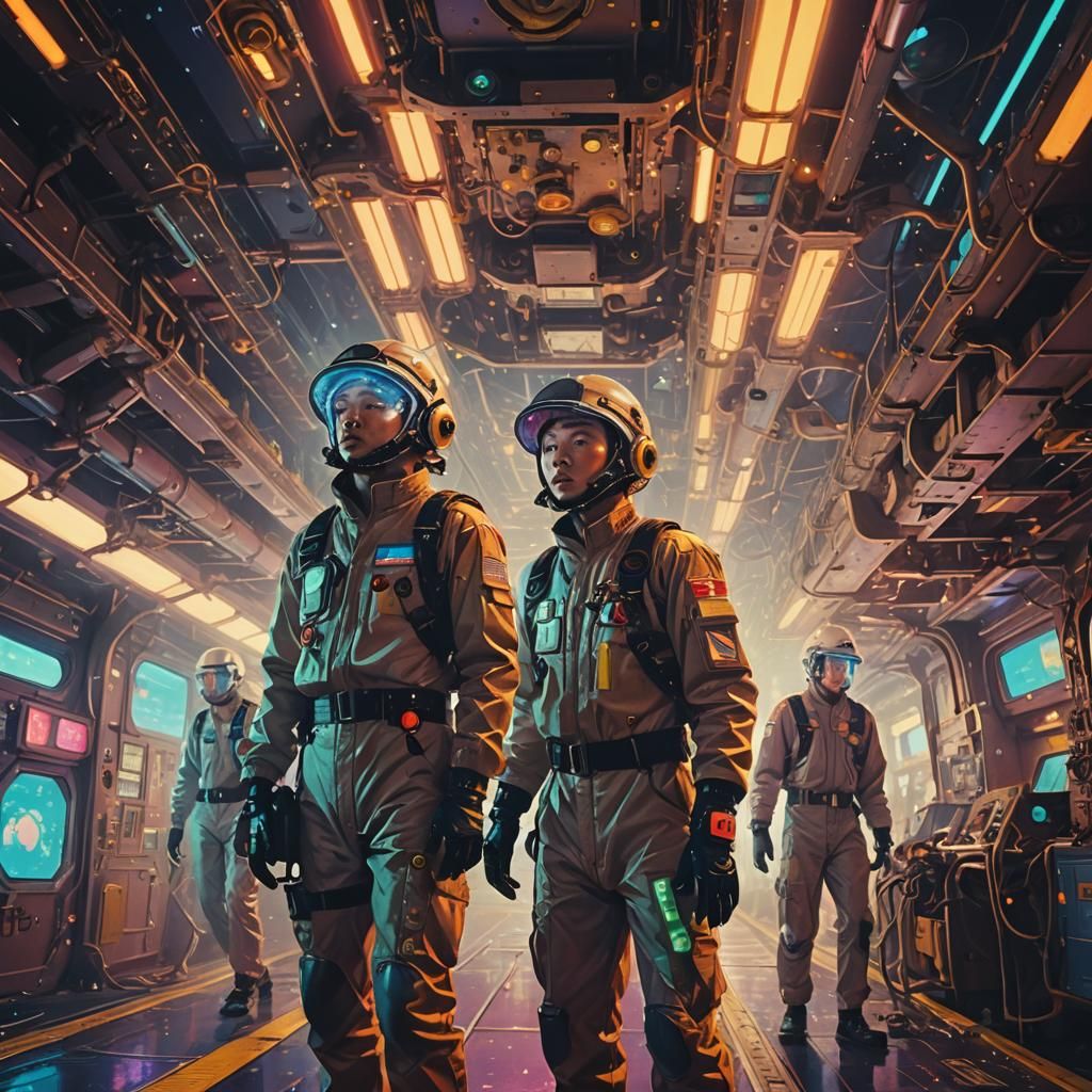 Surreal Exhausted Workers Arriving on Ship in Space Opera St...