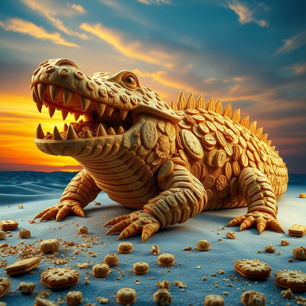Biscuit Crocodile Sculpture in Sunset Landscape