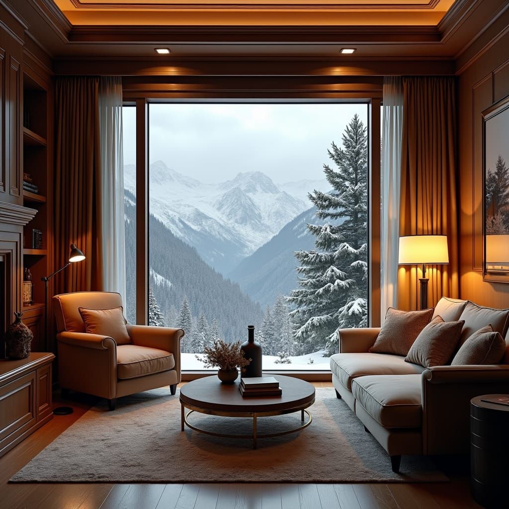 Winter Living Room with Snowfall: Hyperrealistic Photography