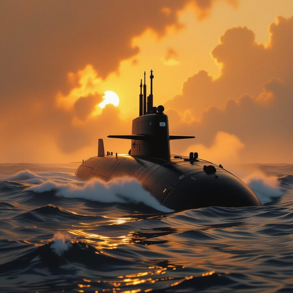US Navy Submarine in Golden Light, Retro-Futuristic Art