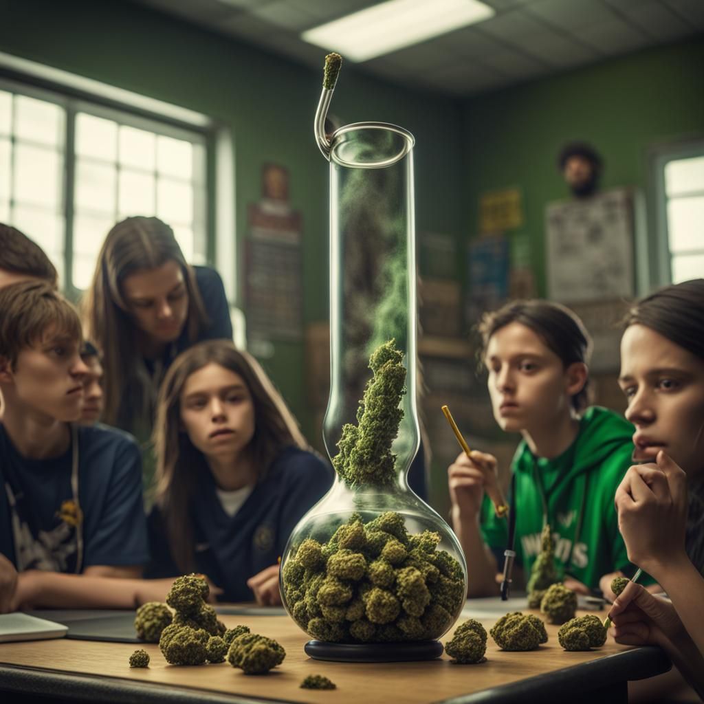 A weed bong teaching a classroom of weed nugget students