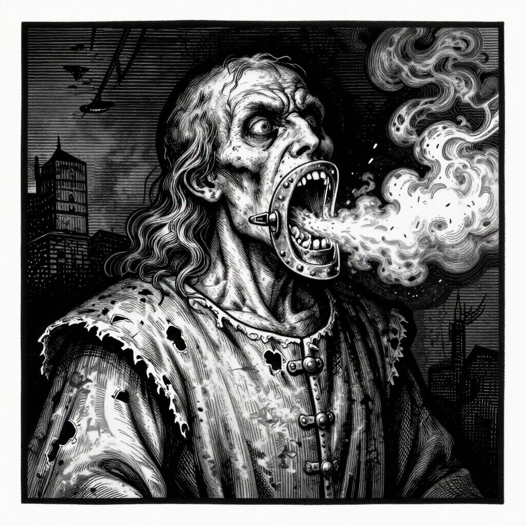 Medieval Preacher with Furnace Mouth in Stark Woodcut Style